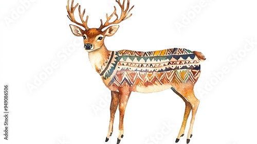 Boho Christmas deer clipart, with tribalpatterned fur, watercolor illustration, earthy tones, isolated on white background photo