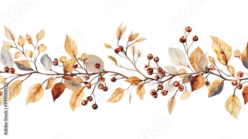 Boho Christmas garland clipart, made of dried leaves and berries, watercolor illustration, earthy tones, isolated on white background