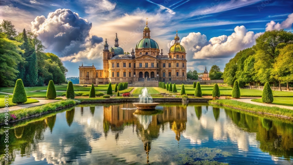 Fototapeta premium Majestic Baroque-style palace with grand dome and ornate stonework set amidst lush green gardens and tranquil lake in a serene sunny afternoon setting.