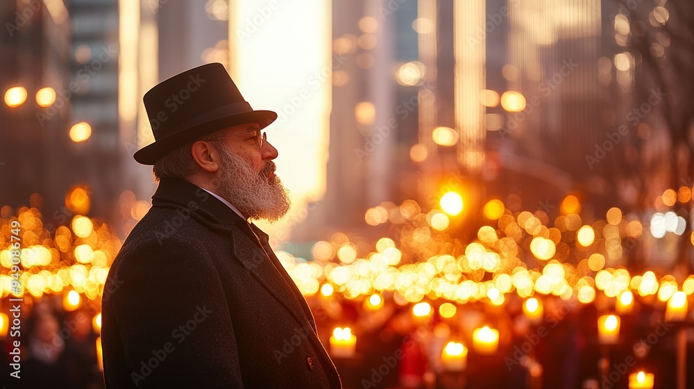 A man in a hat stands in silhouette against a sunset, surrounded by glowing candles and a bustling city backdrop.