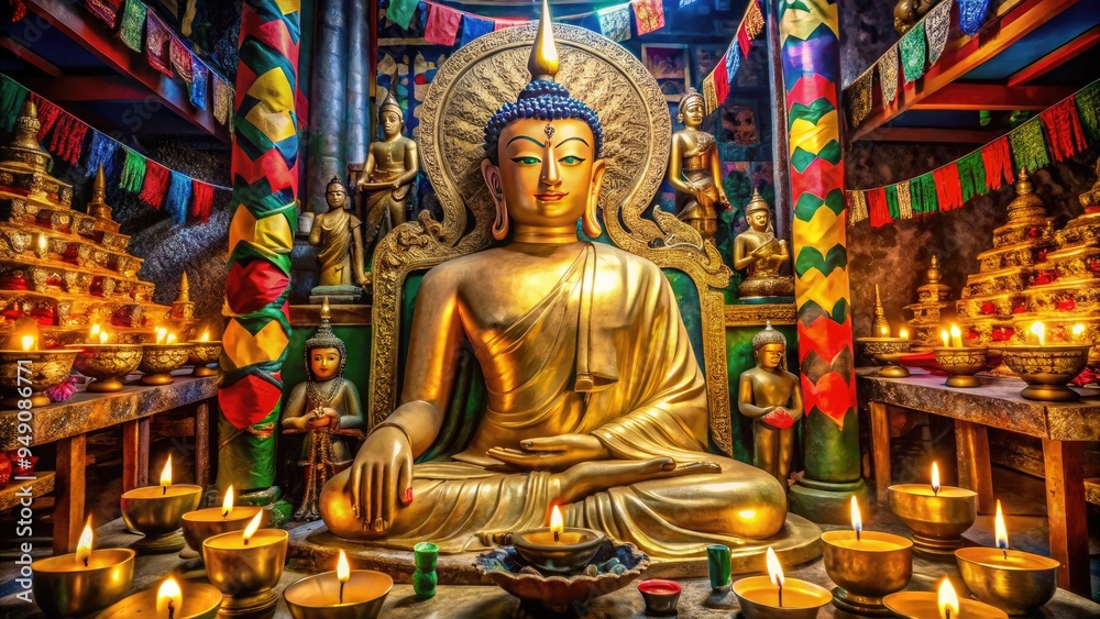 Fototapeta premium Majestic golden Buddha statue surrounded by intricate Tibetan prayer flags, candles, and mystical sacred symbols, imbuing a sense of spiritual harmony and inner peace.