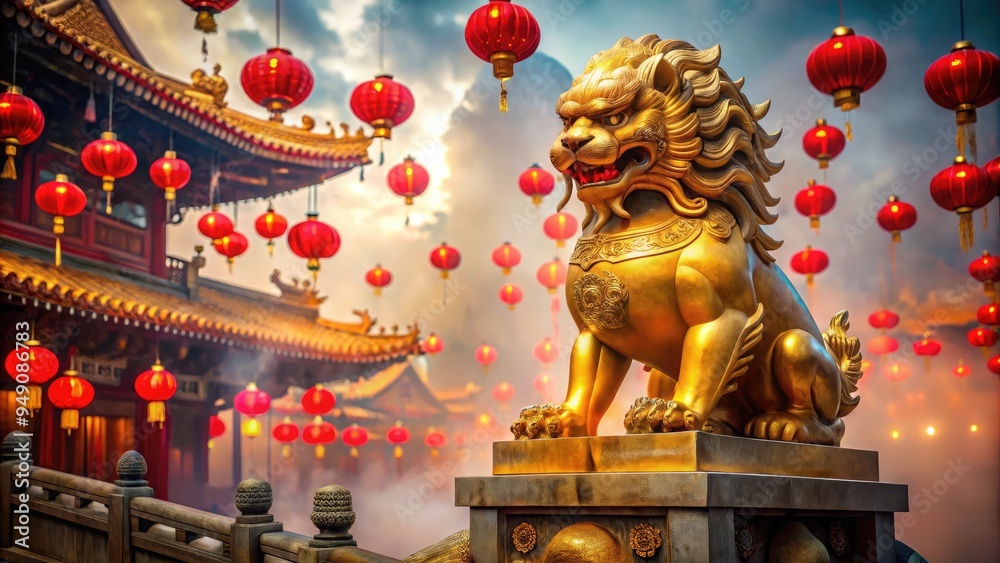 Fototapeta premium Majestic golden Chinese lion statue with intricately carved fur and regal expression, sitting atop a ornate pedestal, surrounded by vibrant red lanterns and subtle mist.