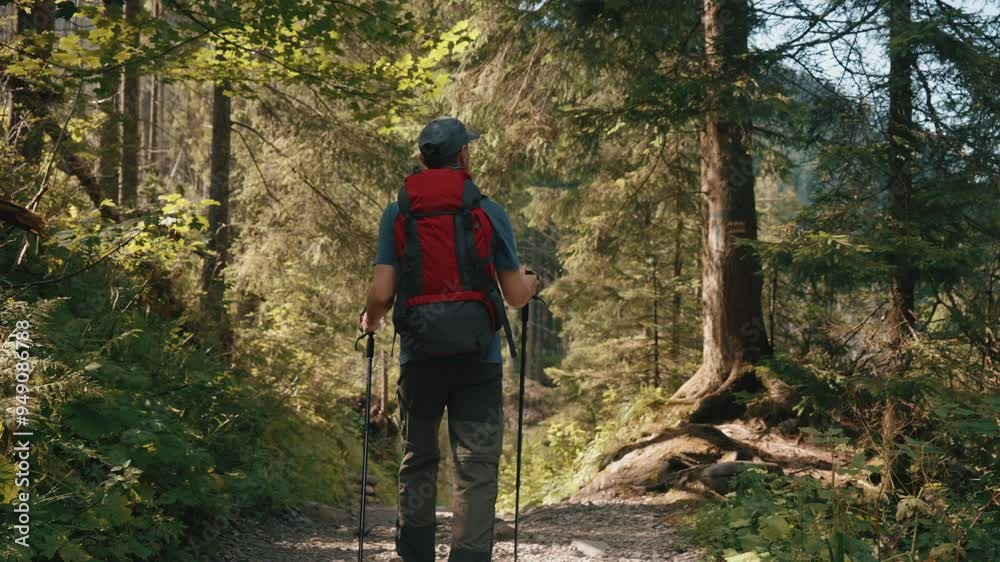 Rear view gimbal following shot of male hiker walking on sunny forest rocky trail with red backpack. Man hiking use trekking poles walks in mountain forest. Pine trees, warm summer sun light Rear view gimbal following shot of male hiker walking on sunny forest rocky trail with red backpack. Man hiking use trekking poles walks in mountain forest. Pine trees, warm summer sun light