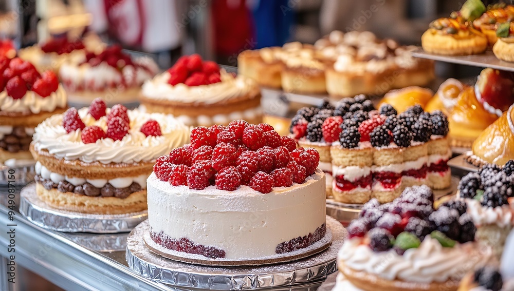 A variety of beautiful cakes and pastries displayed on the counter in an bakery, with red berries on top A variety of beautiful cakes and pastries displayed on the counter in an bakery, with red berries on top
