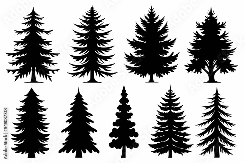 Pine Trres vector trees set. Tree icons are set in a modern flat style. Vector silhouette, graphic trees elements and landscape