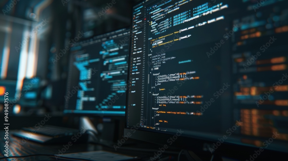 Computer programmer writing code on multiple monitors in office at night Computer programmer writing code on multiple monitors in office at night
