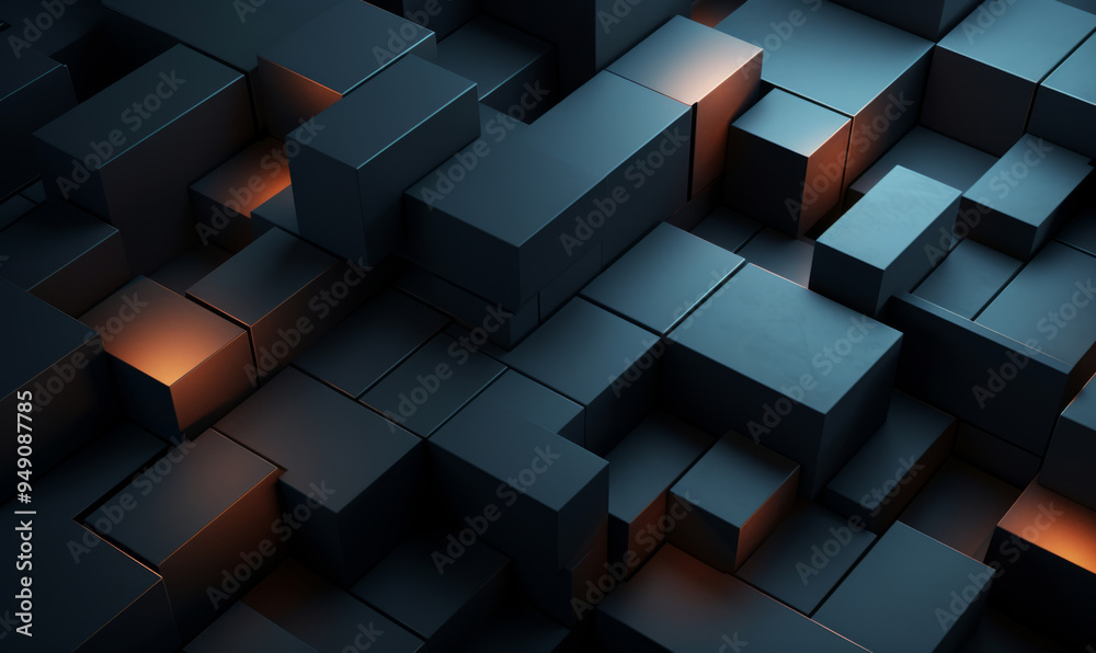 Dark cubes with warm lighting accents emphasizing their minimalist composition Dark cubes with warm lighting accents emphasizing their minimalist composition
