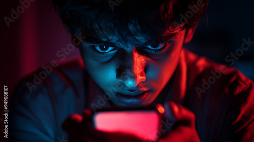 A close up of a young man or teenager of Asian heritage staring intensely at a phone, he is lit in red and blue, and has a sinister feel. Landscape 16:9 format with copy space