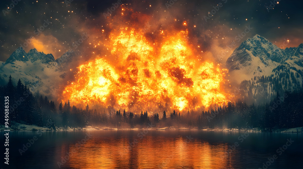 Fiery Explosion in Snowy Mountains Landscape Fiery Explosion in Snowy Mountains Landscape