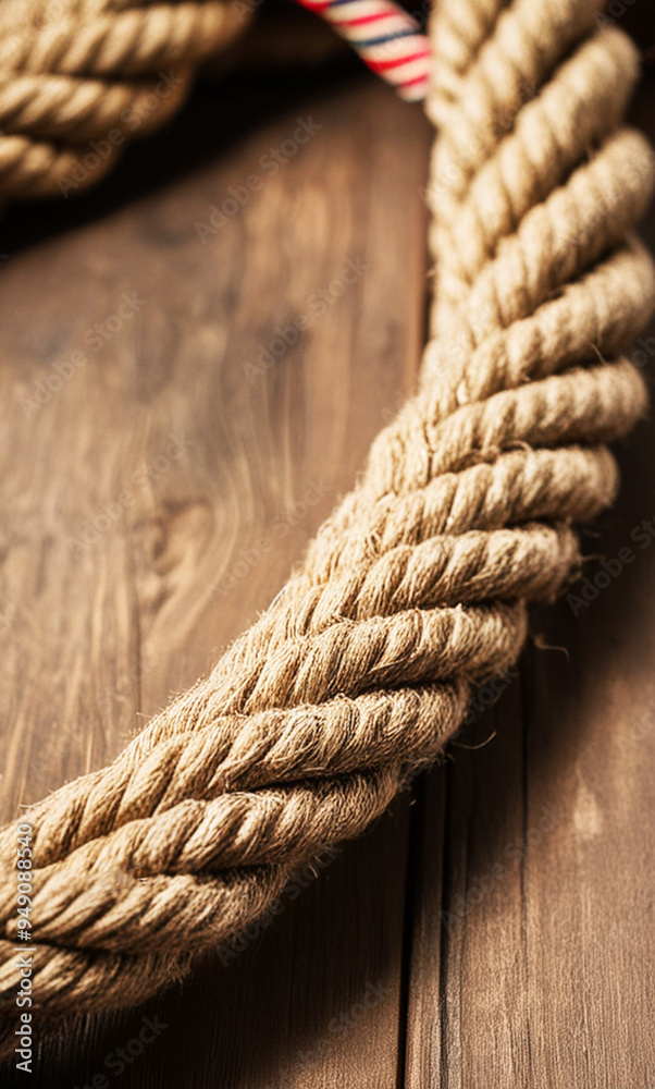 Fototapeta premium Close-Up of Twisted Jute Rope on Wooden Surface, Natural Texture and Detail