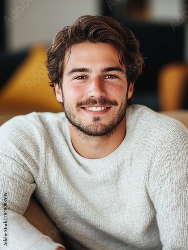 Smiling Young Man in Cozy Sweater: Portrait of Happiness and Warmth