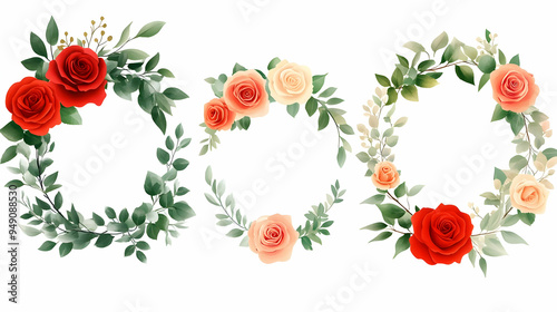 Watercolor Floral Wreaths with Roses and Greenery