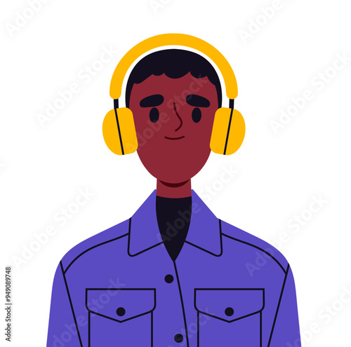 Trendy user avatar. Portrait of african american man in headphones. Beauty, aesthetics and elegance. Profile in social networks and messengers. Flat vector illustration isolated on white background