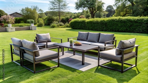 Lawn setting outdoor furniture sleek contemporary black metal silver fabric