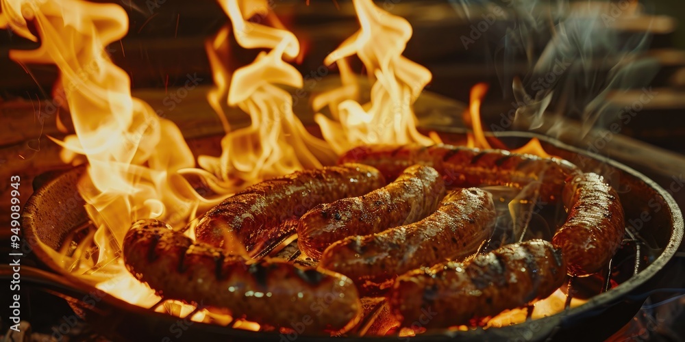Sausage sizzling on an open flame Sausage sizzling on an open flame