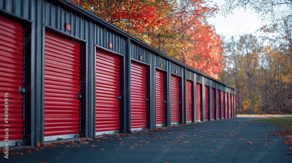 Row of Red Storage Unit Doors in Autumn with Colorful Foliage and Clear Sky Row of Red Storage Unit Doors in Autumn with Colorful Foliage and Clear Sky
