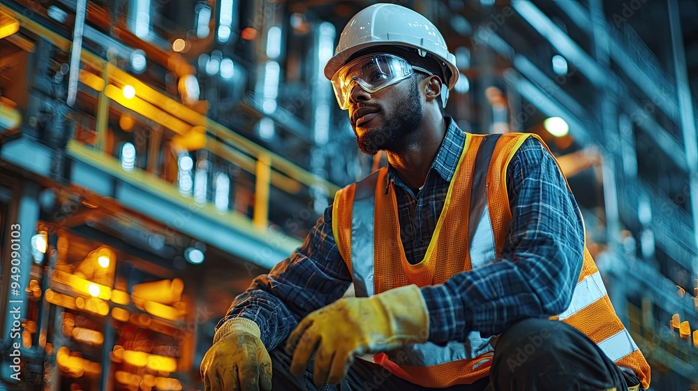 Industrial Worker in Safety Gear at a Modern Factory, Focused on Task, Wearing Helmet and Vest, Night Shift Industrial Worker in Safety Gear at a Modern Factory, Focused on Task, Wearing Helmet and Vest, Night Shift