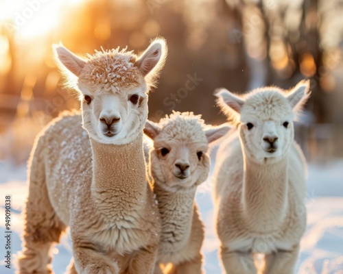 Alpacas in a snowy field, frosty breath visible, serene winter scene, Pastoral, Cool tones, Photograph, Peaceful winter