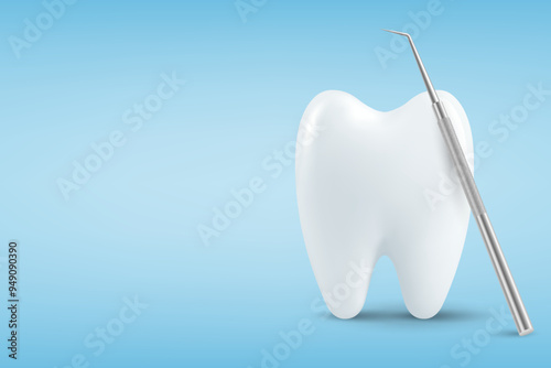 Vector 3d Realistic Tooth and Dental Probe for Teeth Closeup Isolated on Blue Background. Medical Dentist Tool. Design Template, Clipart, Mockup. Dentistry, Healthcare, Hygiene Concept