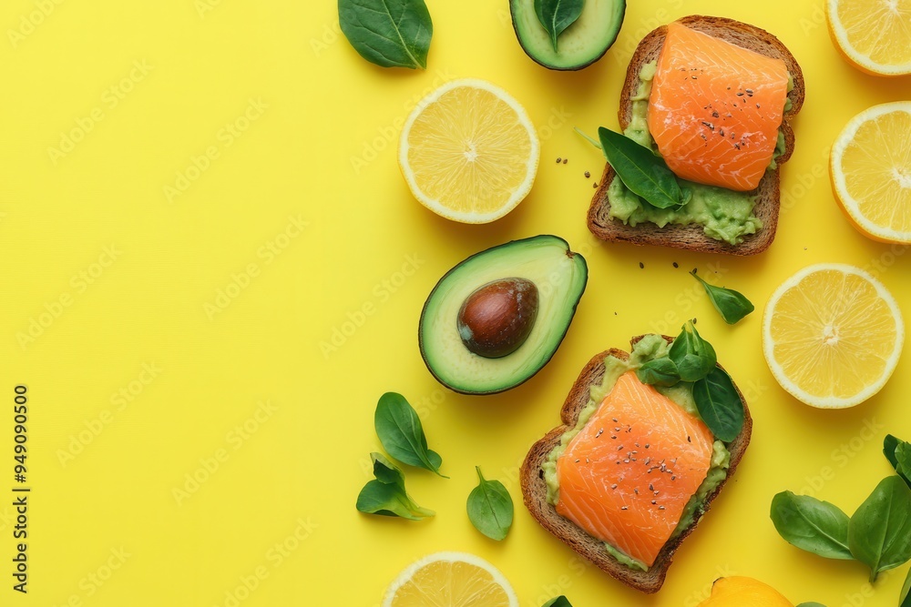 Enjoy a nutritious breakfast with avocado toast topped with salmon, accompanied by fresh citrus slices on a colorful yellow surface. Generative AI Enjoy a nutritious breakfast with avocado toast topped with salmon, accompanied by fresh citrus slices on a colorful yellow surface. Generative AI