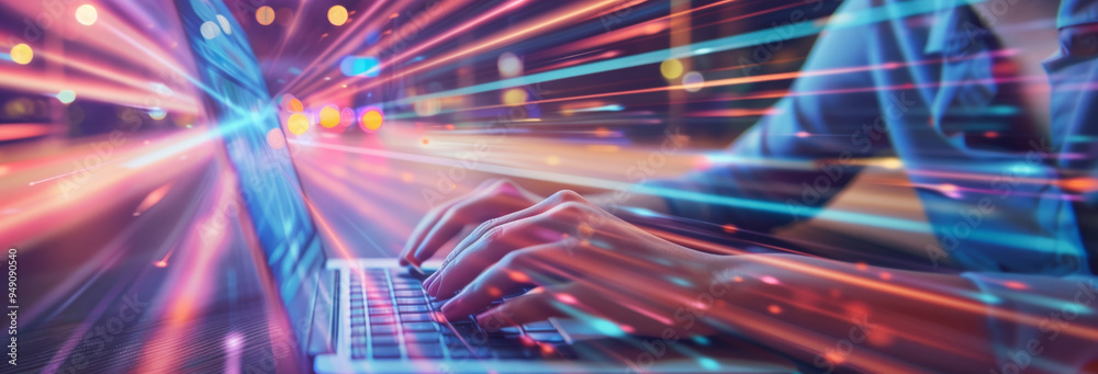 Speed test. Woman using laptop at table, closeup. Virtual screen over device Speed test. Woman using laptop at table, closeup. Virtual screen over device