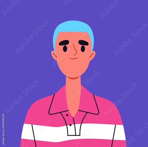 Trendy user avatar. Portrait of young guy with blue hairs. Beauty, aesthetics and elegance. Profile in social networks and messengers. Flat vector illustration isolated on blue background
