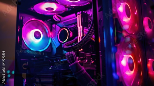 Modern powerful gaming computer with neon lights cooling fans working