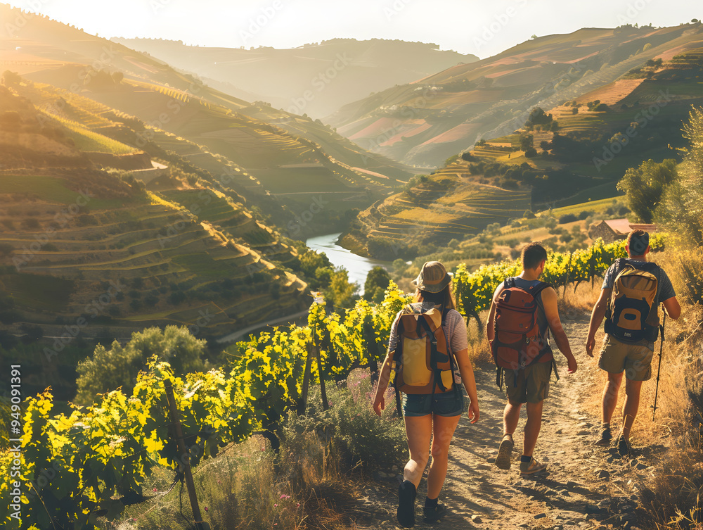 A group of friends enjoying a scenic hike through the lush vineyards of Douro Valley. A group of friends enjoying a scenic hike through the lush vineyards of Douro Valley.