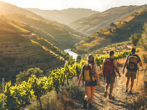 A group of friends enjoying a scenic hike through the lush vineyards of Douro Valley.
