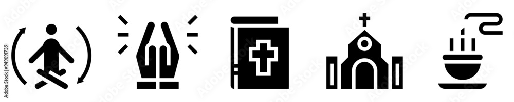 Spiritual Activities Icon Set. Meditation, Prayer, Sacred Book, Church, Incense. Solid Icons. Vector Illustration