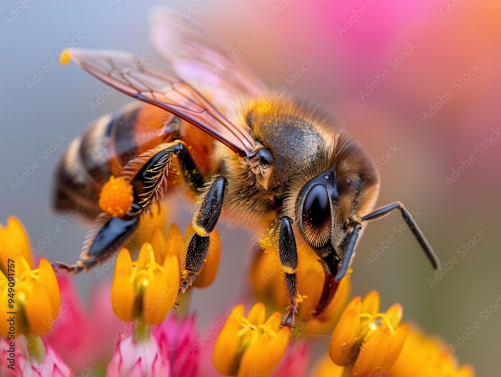 Bee on a vibrant flower, pollen visible on its legs, natural sunlight highlighting details, Botanical, Bright colors, Macro photograph, Detailed pollination Bee on a vibrant flower, pollen visible on its legs, natural sunlight highlighting details, Botanical, Bright colors, Macro photograph, Detailed pollination