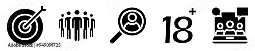 Target audience icon set. Recruitment. Target shooting, group of people, search for personnel, over 18, audience on screen. Solid icons. Vector illustration