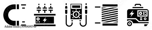 Induction icon set. Magnetic field and electricity. Magnet, coil, voltmeter, transformer, electric generator. Solid icons. Vector illustration