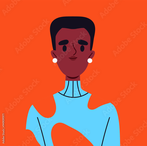 Trendy user avatar. Portrait of african american woman. Beauty, aesthetics and elegance. Profile in social networks and messengers. Flat vector illustration isolated on orange background