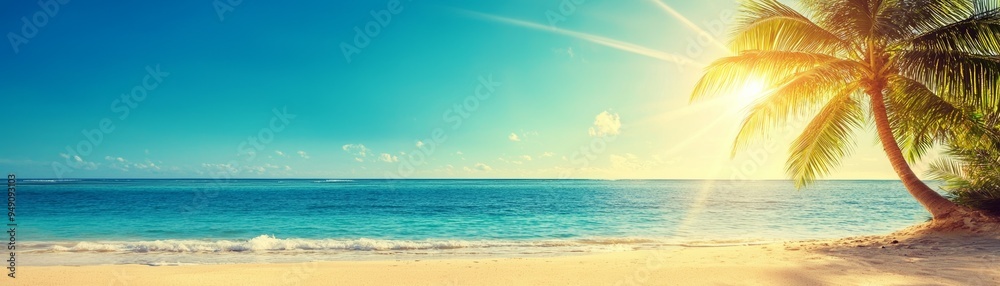 A serene beach view featuring golden sand, turquoise water, and a palm tree under a bright sun, perfect for relaxation and vacation. A serene beach view featuring golden sand, turquoise water, and a palm tree under a bright sun, perfect for relaxation and vacation.
