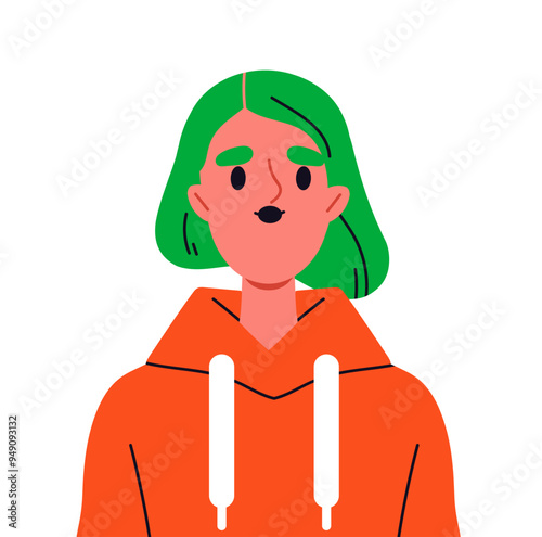 Trendy user avatar. Portrait of woman in casual clothes with green hairs. Beauty, aesthetics and elegance. Profile in social networks and messengers. Flat vector illustration isolated on background