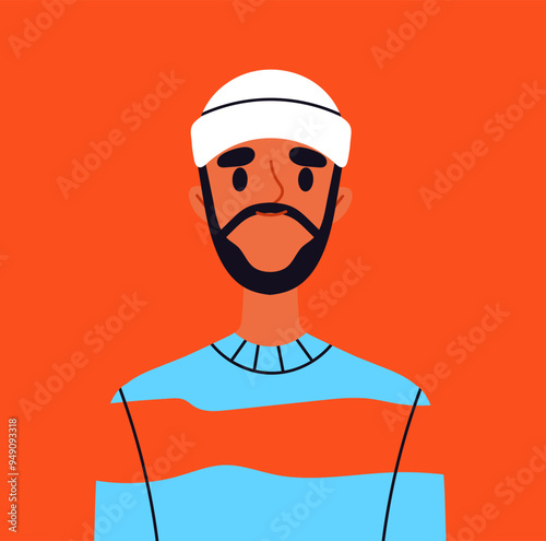 Trendy user avatar. Portrait of man in casual clothes with white hat. Beauty, aesthetics and elegance. Profile in social networks and messengers. Flat vector illustration isolated on orange background