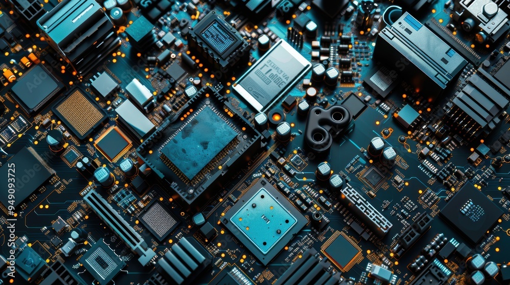 Modern electronics motherboard components forming computing background Modern electronics motherboard components forming computing background