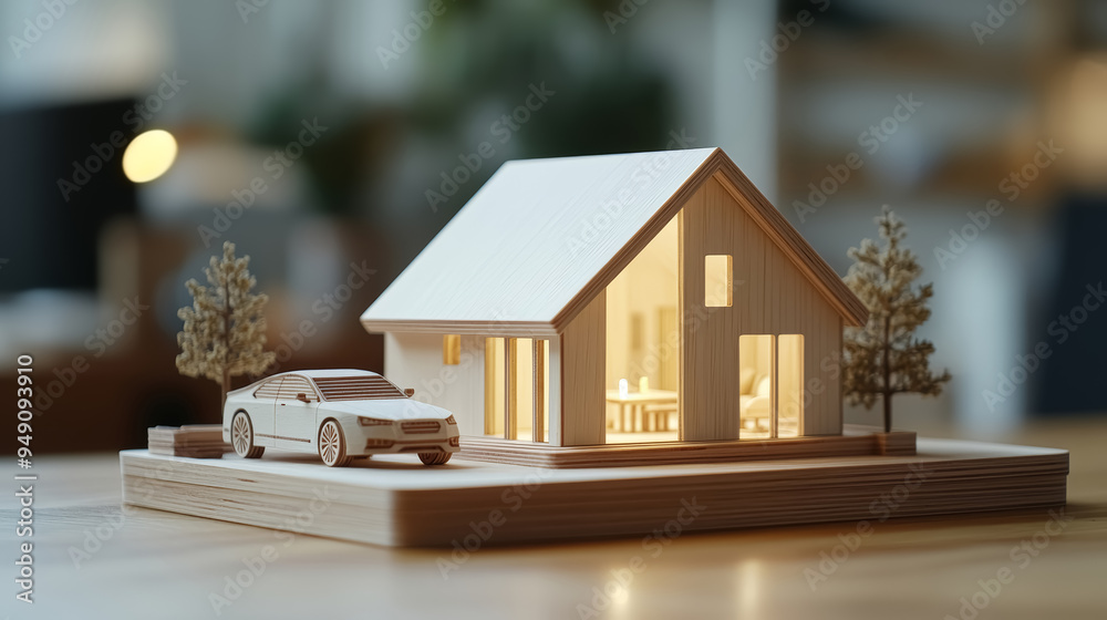 A miniature models of a wooden country house and a car on the table. Searching new house in the countryside for purchase or rent. Concept of residential real estate market. A miniature models of a wooden country house and a car on the table. Searching new house in the countryside for purchase or rent. Concept of residential real estate market.