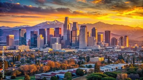 Panoramic view of vibrant downtown Los Angeles cityscape at sunset, featuring iconic skyscrapers, bustling streets, and breathtaking mountain vistas in warm golden light. photo