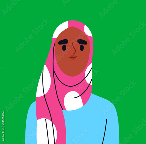 Trendy user avatar. Portrait of muslim woman in pink hijab. Beauty, aesthetics and elegance. Profile in social networks and messengers. Flat vector illustration isolated on green background
