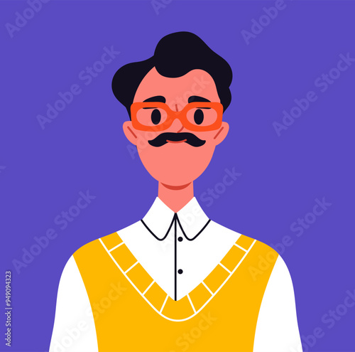 Trendy user avatar. Portrait of man with moustaches in glasses. Beauty, aesthetics and elegance. Profile in social networks and messengers. Flat vector illustration isolated on blue background