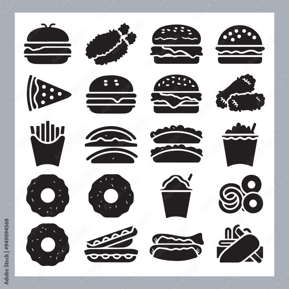 Set of fast food silhouette chicken grill, pizza, chicken sandwich, pasta, burger, French fries, sandwich, chicken wings vector in white background Set of fast food silhouette chicken grill, pizza, chicken sandwich, pasta, burger, French fries, sandwich, chicken wings vector in white background