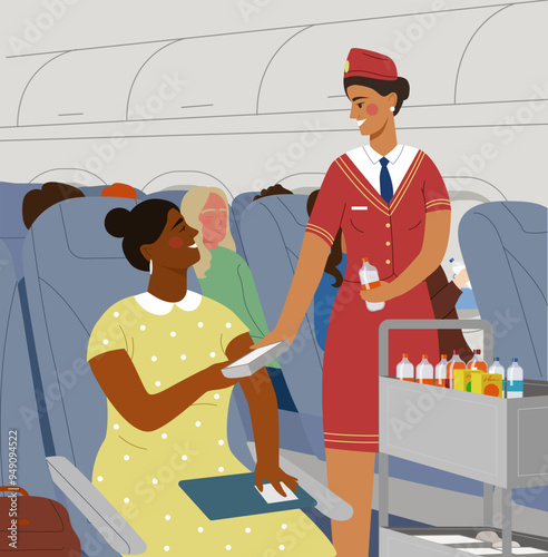 People inside plane. Steardess serve client and give food and water. Travel and vacation, trip and flight. Woman in red uniform with passenger. Flat vector illustration
