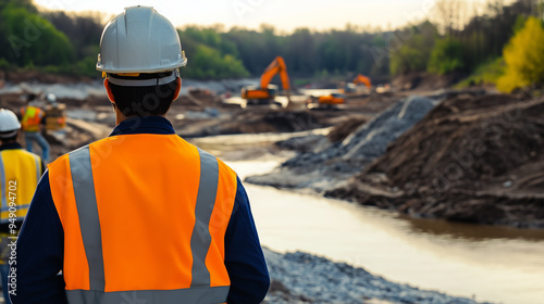 Construction worker wearing a safety vest is looking at a river construction site. Restoration law