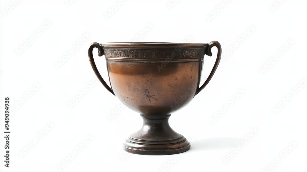 A detailed view of a small bronze trophy featuring graceful handles, showcasing its unique craftsmanship and finish A detailed view of a small bronze trophy featuring graceful handles, showcasing its unique craftsmanship and finish