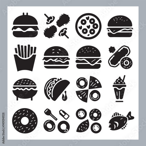 Set of fast food silhouette chicken grill, pizza, chicken sandwich, pasta, burger, French fries, sandwich, chicken wings vector in white background