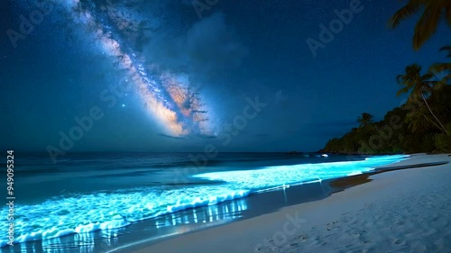 seascape featuring radiant blue bioluminescent waves lapping at a secluded tropical shore
