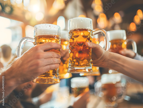 Group of friends smiling and toasting with large beer steins at festive Oktoberfest celebration.