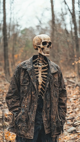 A skeletal figure stands in a forest, wearing a tattered jacket, evoking a haunting atmosphere in a natural setting.